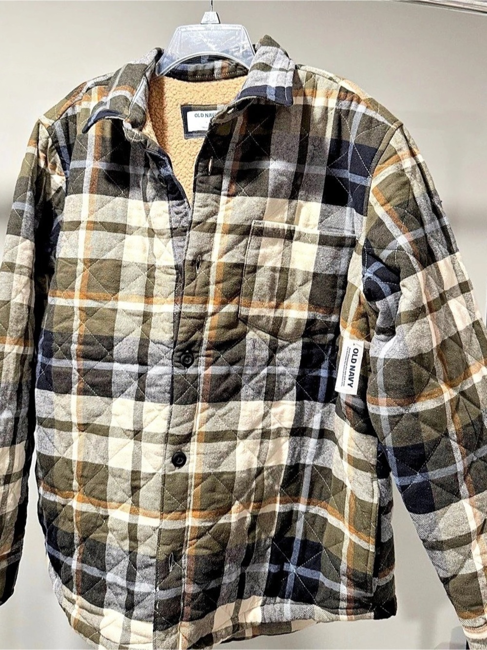 Old Navy Sherpa-Lined Quilted Flannel Shacket Brown & Black Large